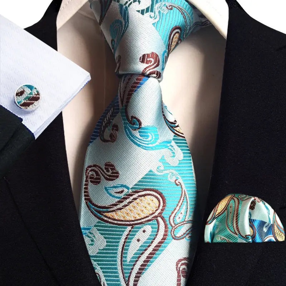 Elegant Paisley Tie Set in Blue and Brown